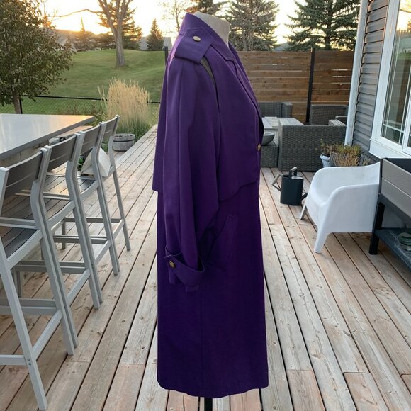 Vintage 80s 90s Purple Wool Gold Button Beltless Long Trench Coat Retro Overcoat - Picture 5 of 16